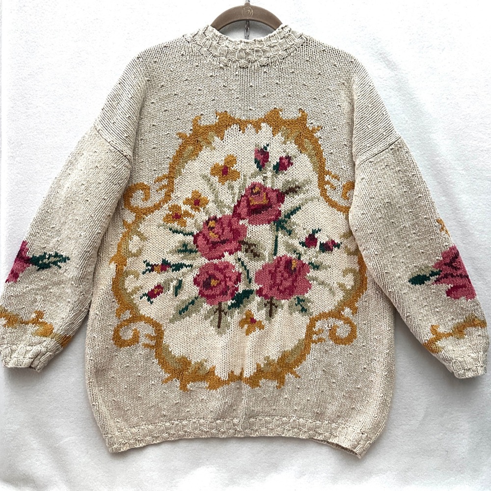 Copper Key Vintage L Floral Rose Intarsia Knit Sweater Chunky Cottagecore Ramie